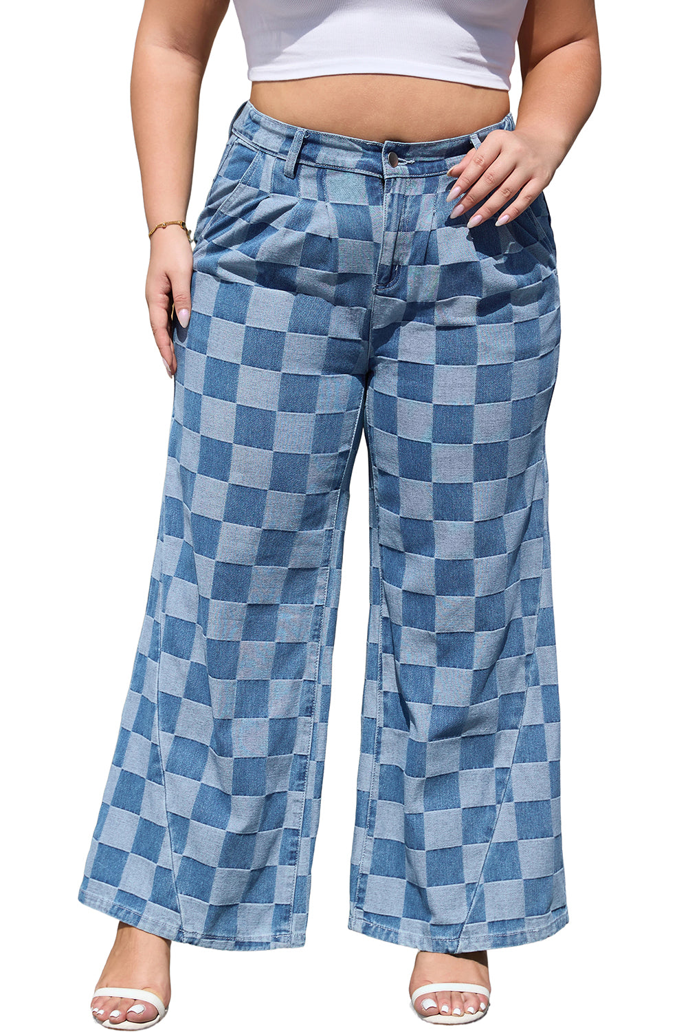 Dusk Blue Plus Size Checkered Seamed High Waist Wide Leg Jeans - Aaria Tees