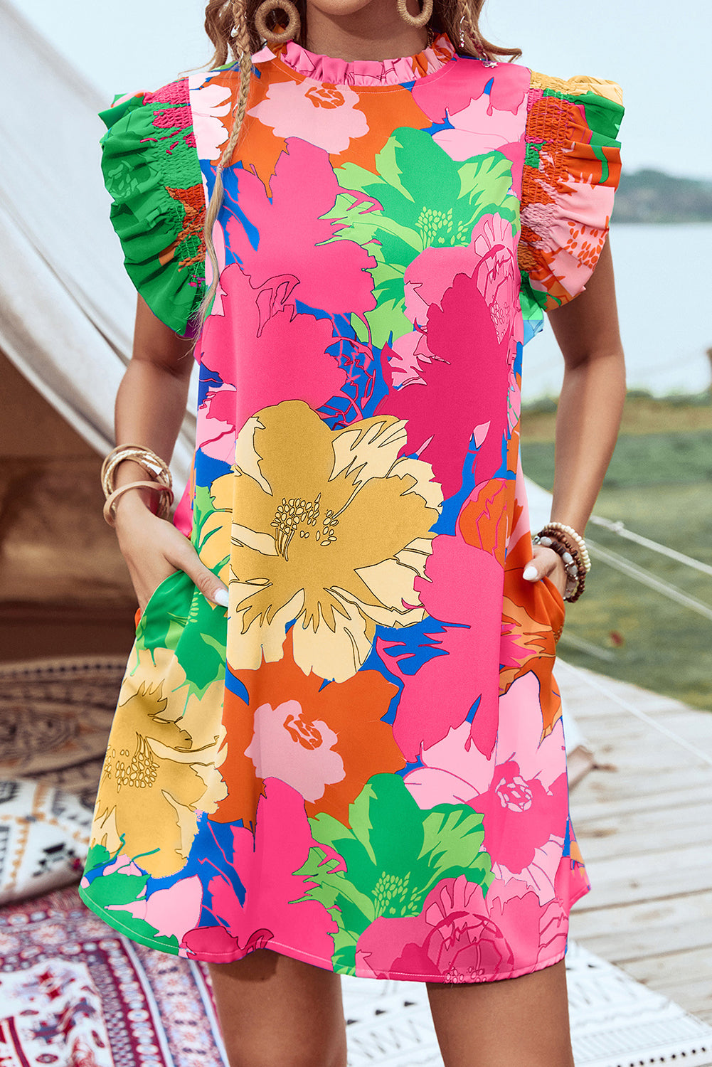 Blue Bold Floral Flutter Sleeve Shift Mini Dress with Pockets Aaria Tees