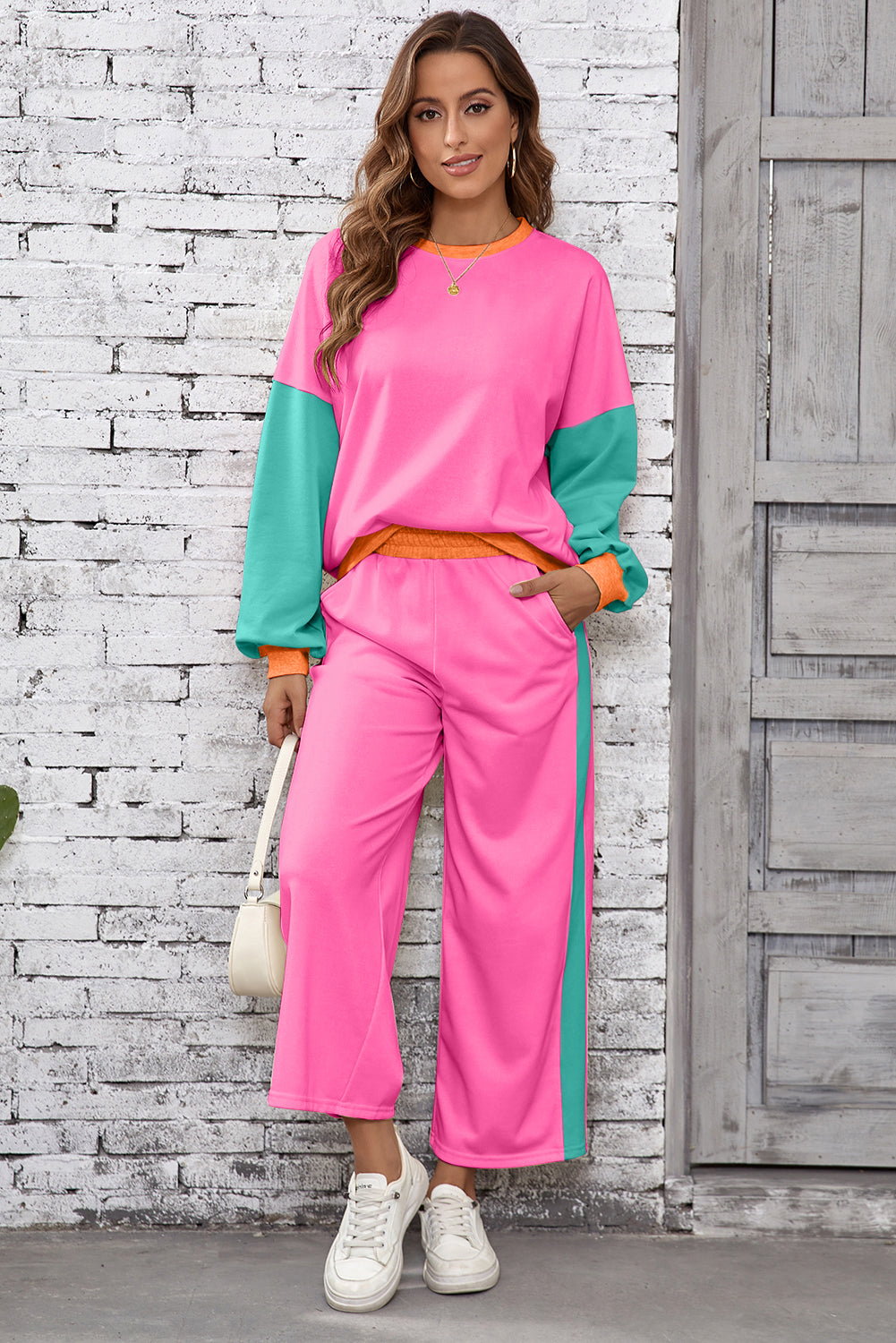 Light Pink 2pcs Color Block Pullover Loose Pant Set