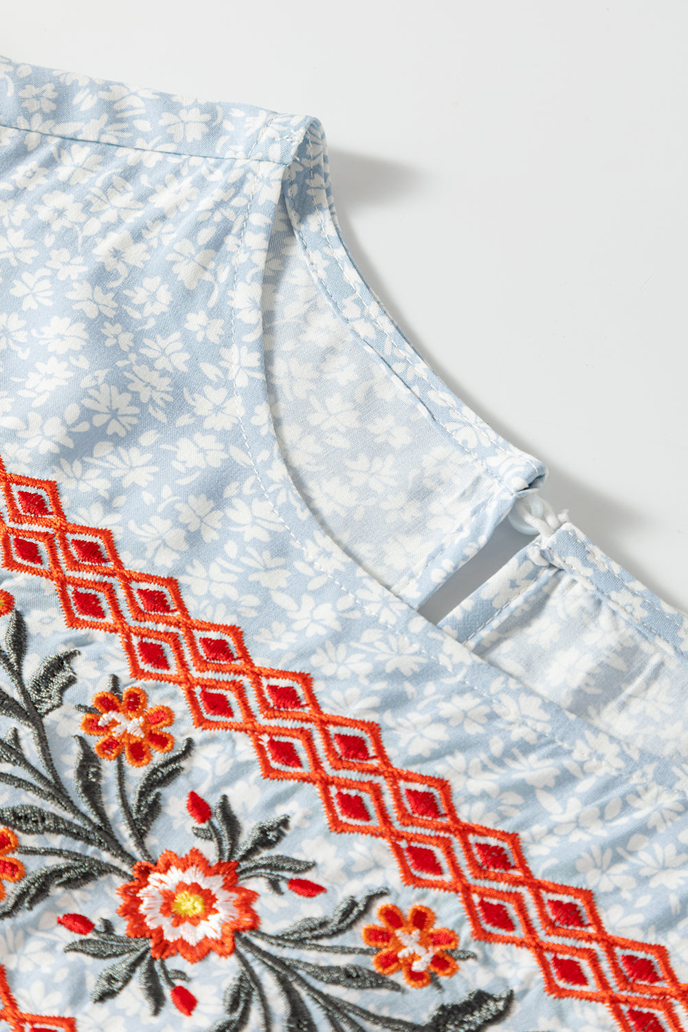 Angie Boho Embroidered Floral Print Flutter Sleeve Blouse Threaded Pear