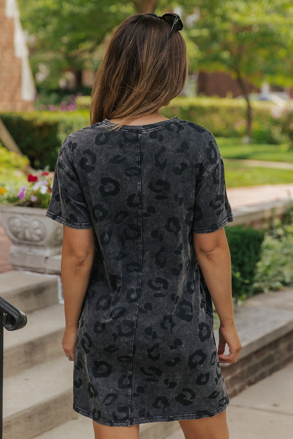 Gray Vintage Washed Leopard T-Shirt Dress with Pockets Aaria Tees