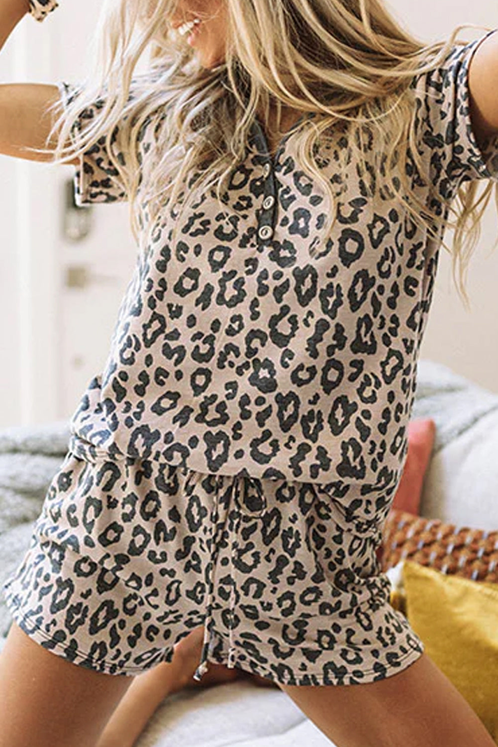 Multicolour Leopard Button V Neck Tee and Drawstring Shorts Set Aaria Tees Aaria Tees