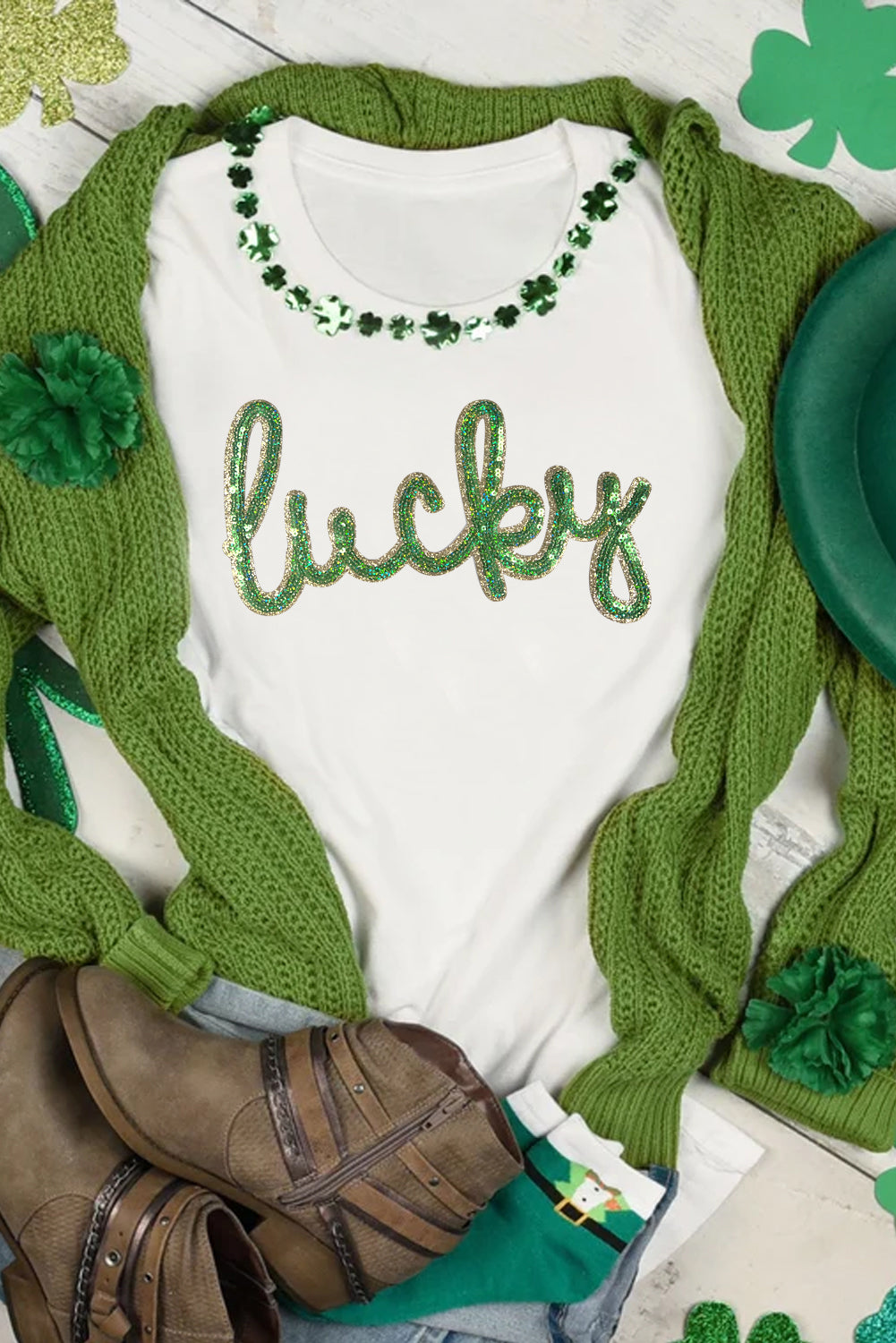 White Sequined Lucky St.Patricks Day Graphic Tee - Aaria Tees