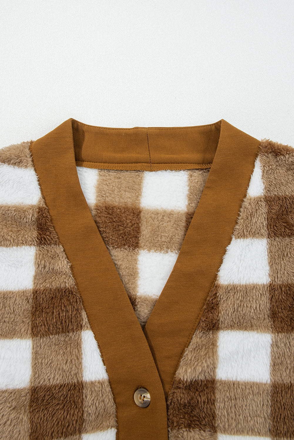 Brown Checkered Sherpa Loose Knit Cardigan with Pockets
