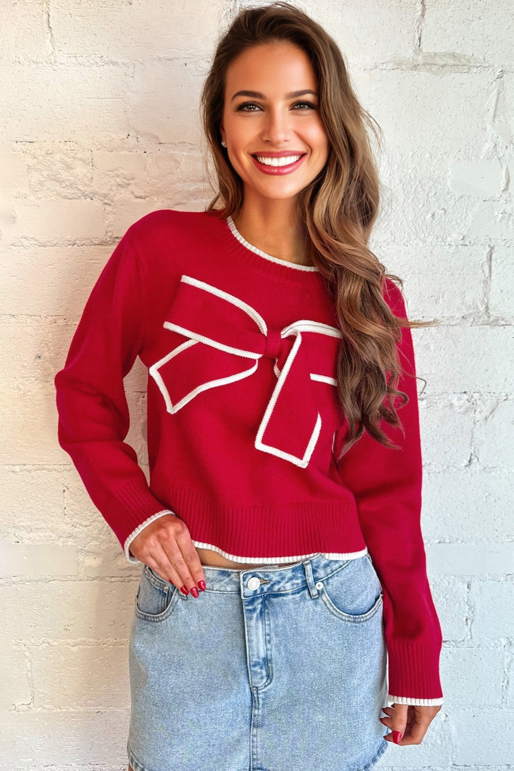 Bow Contrast Trim Long Sleeve Cropped Christmas Sweater
