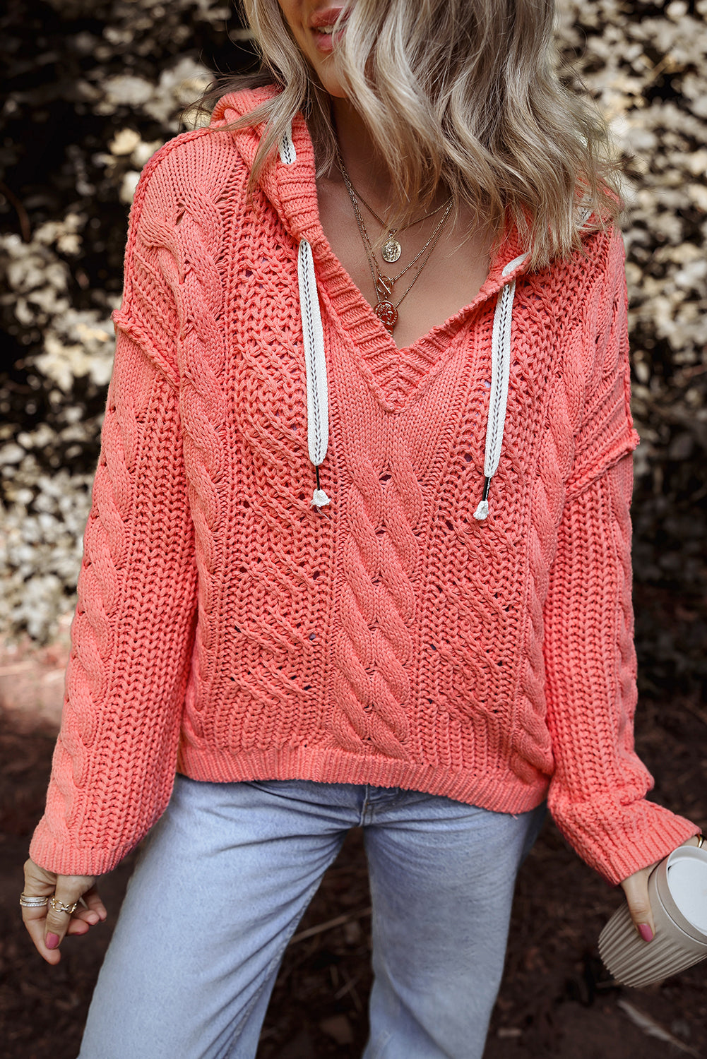 Sariah Cable Knit Drawstring Hooded Sweater - Aaria Tees Aaria Tees