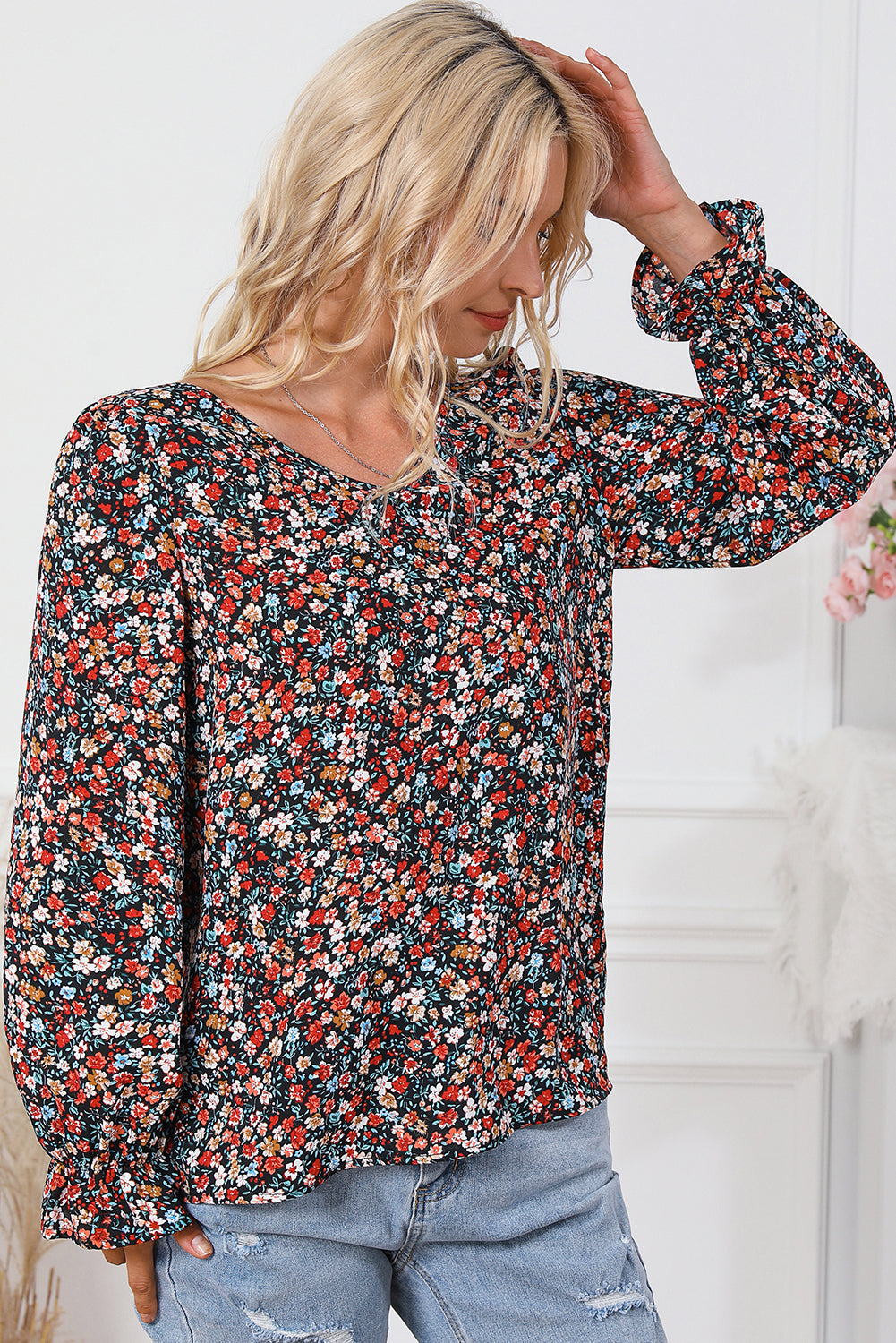 Fiery Red V Cut Lace Patch Tie-up Ruffled Puff Sleeve Floral Blouse Aaria Tees