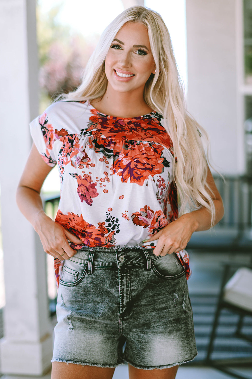 Fiery Red Floral Short Sleeve Round Neck Blouse Aaria Tees