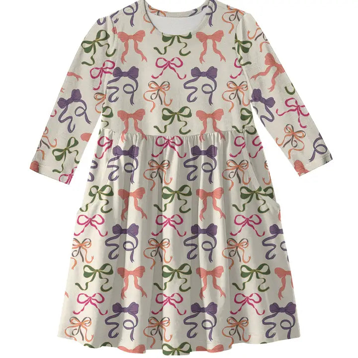 3/4 Sleeve Pocket Bows Dress
