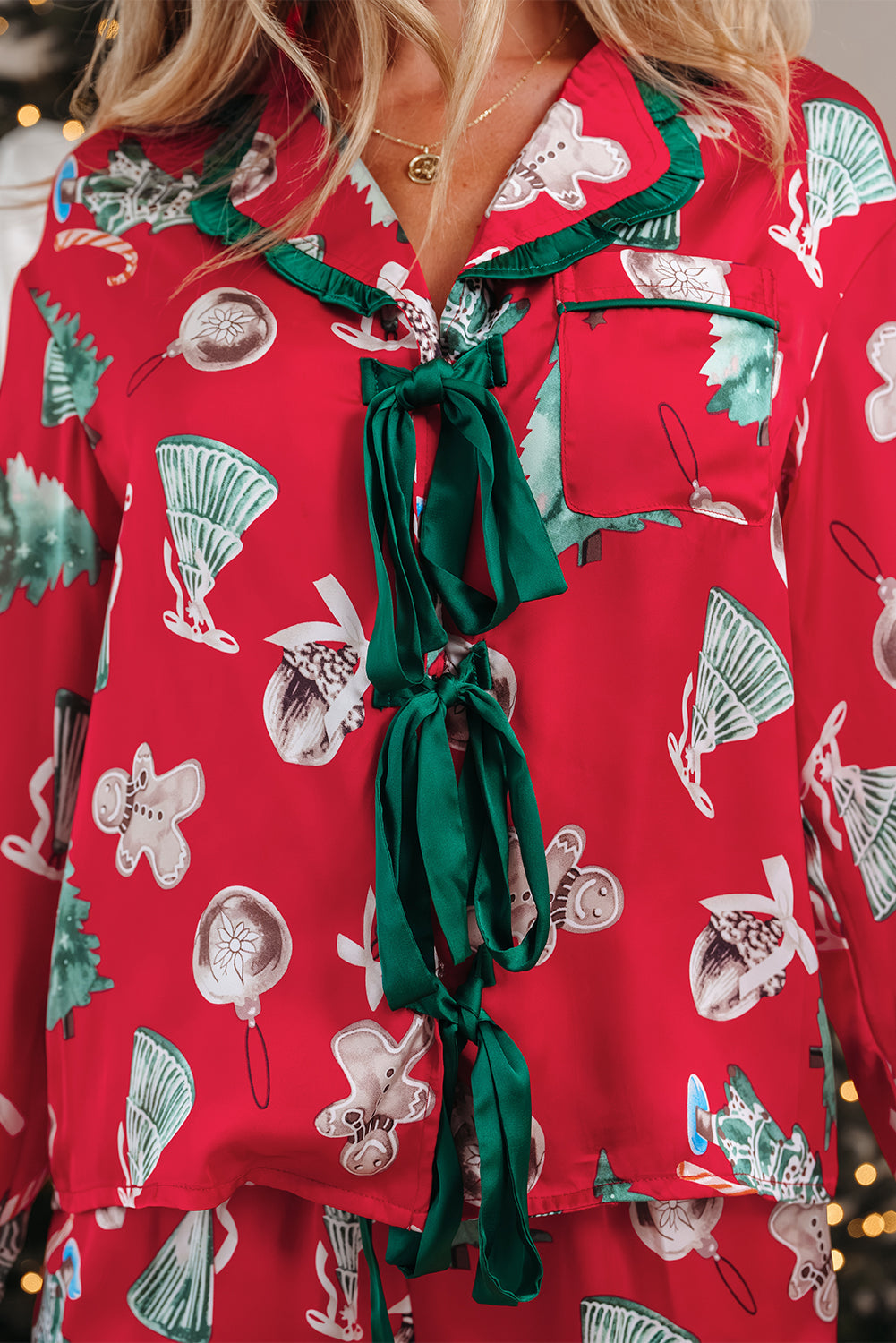 Christmas Bow Ruffle Trim Top and Shorts Pajama Set