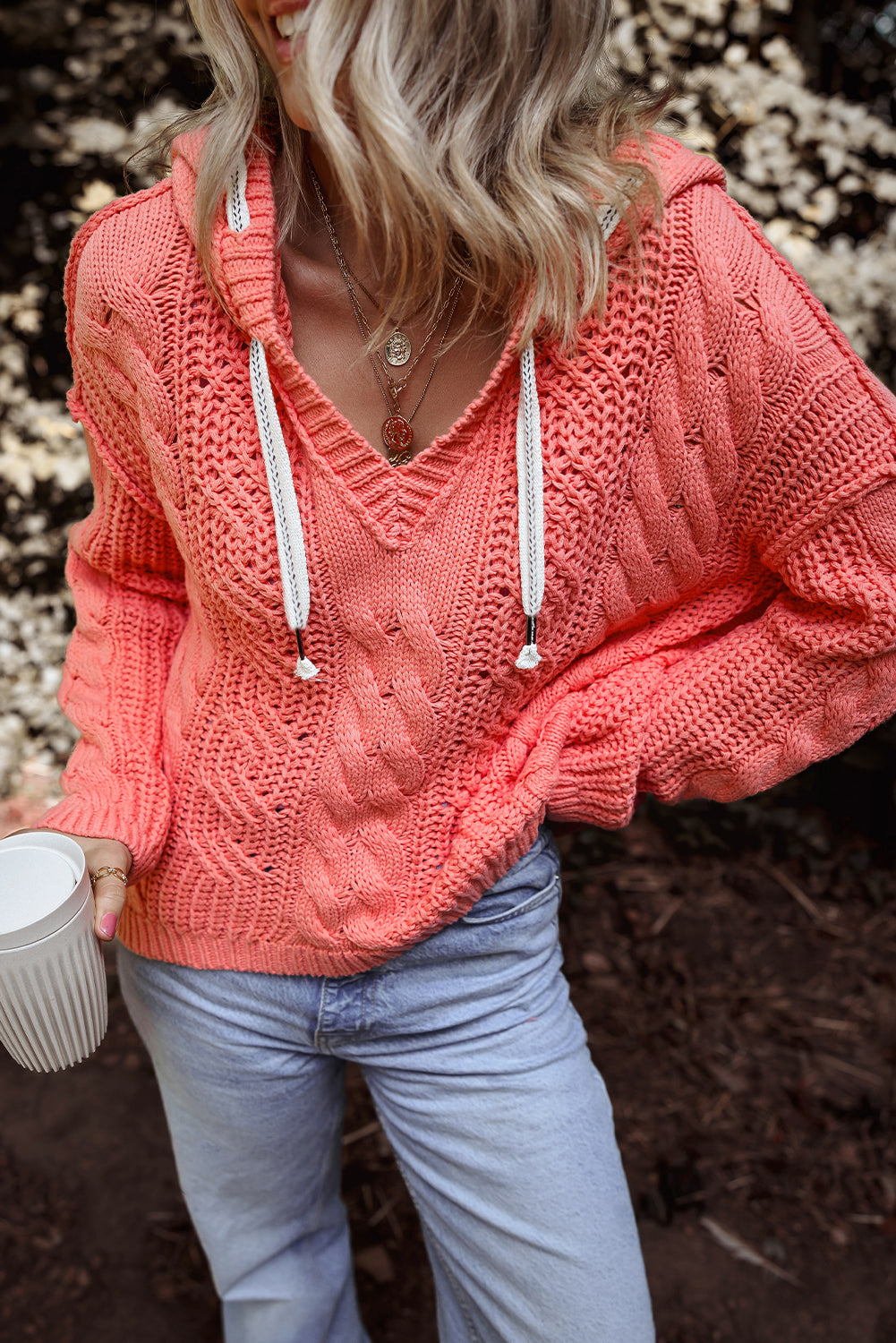 Sariah Cable Knit Drawstring Hooded Sweater - Aaria Tees Aaria Tees