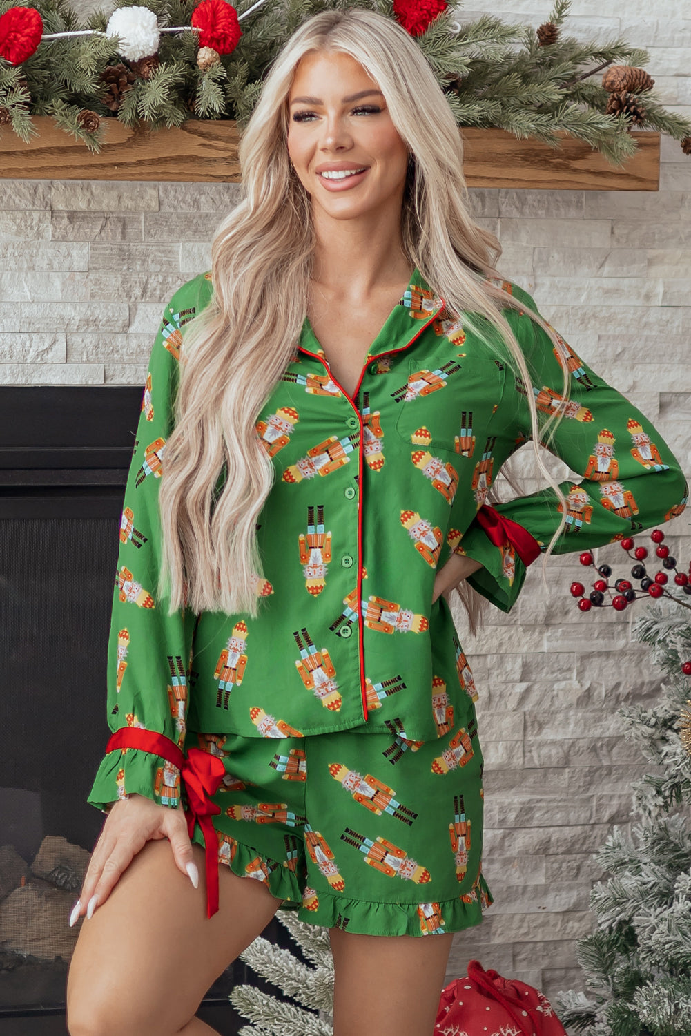 Christmas Bow Top and Ruffle Shorts Pajama Set