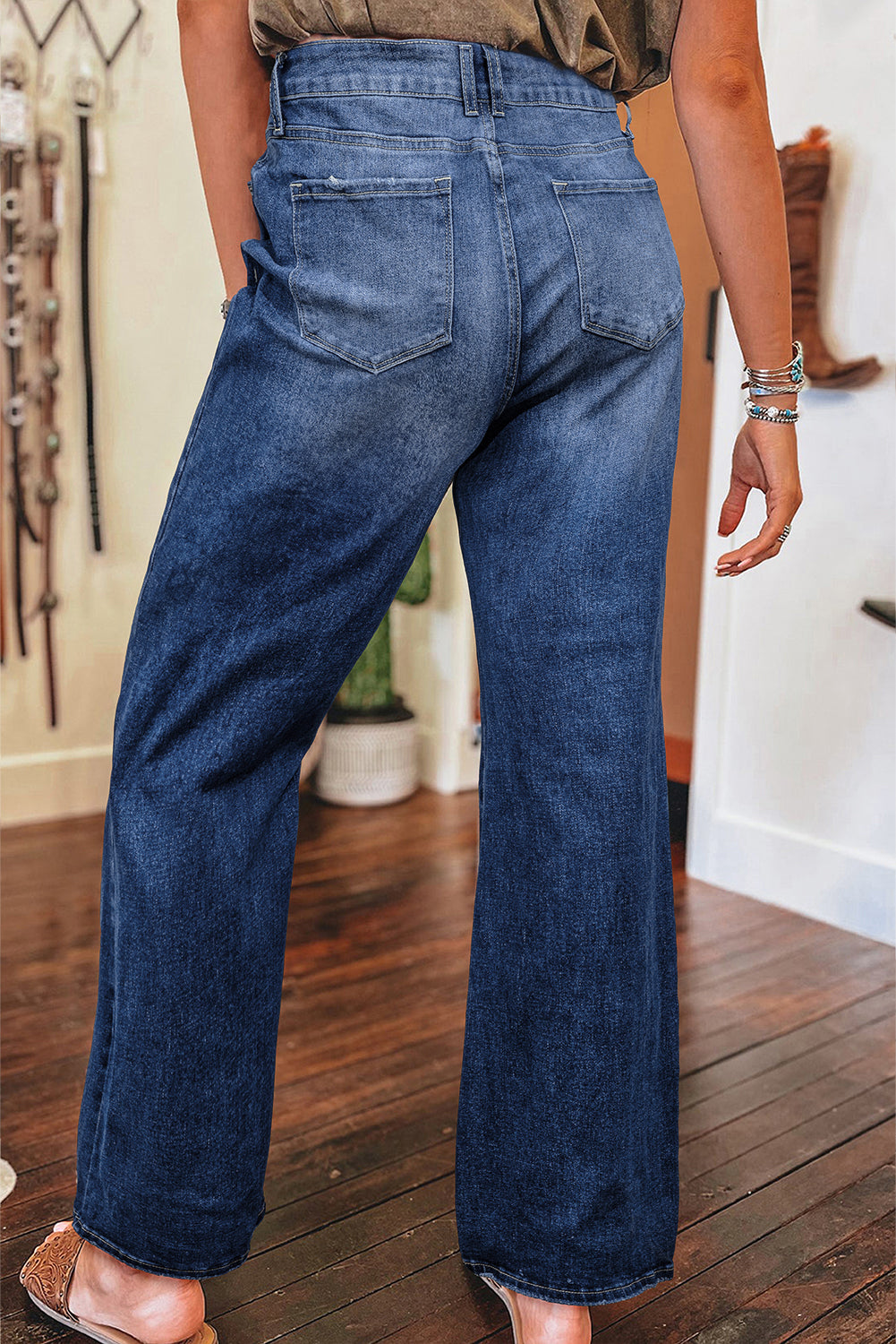 Dusk Blue Mineral Wash High Rise Ripped Jeans - Aaria Tees Aaria Tees