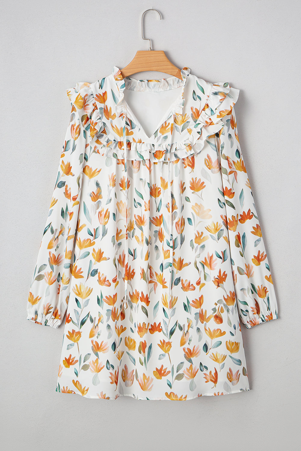 Yellow Floral Print Tie Neck Frilled Detail Long Sleeve Mini Dress