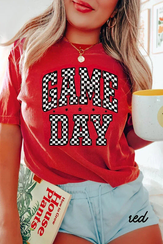 Red Checkered Game Day Graphic  Round T Shirt