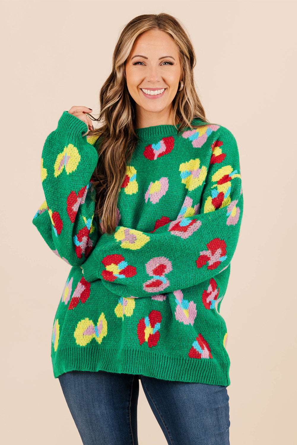 Green Plus Size Floral Knitted Ribbed Edge Drop Shoulder Sweater Aaria Tees Aaria Tees