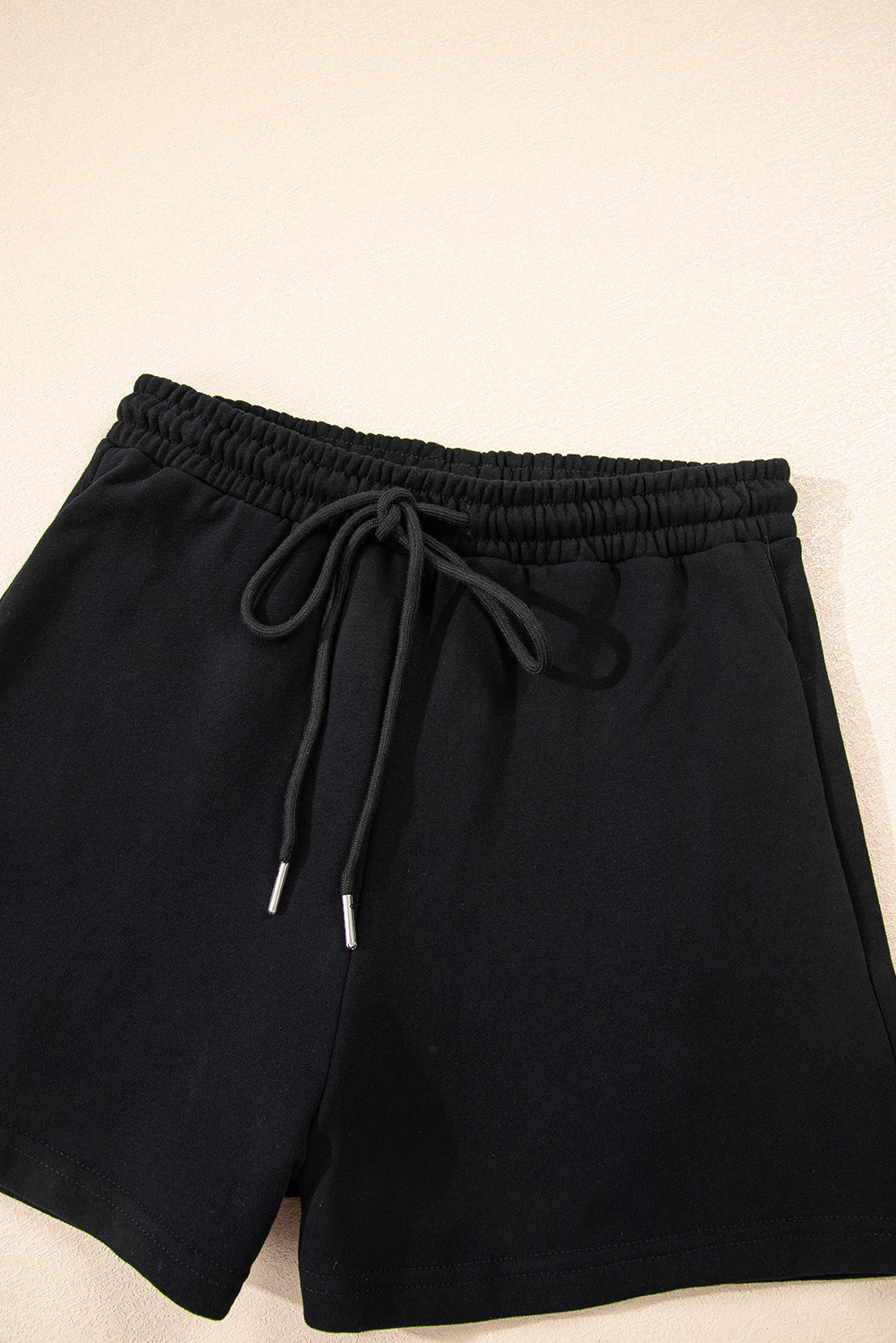 Black Button Drawstring Hooded Pullover and Casual Short Set