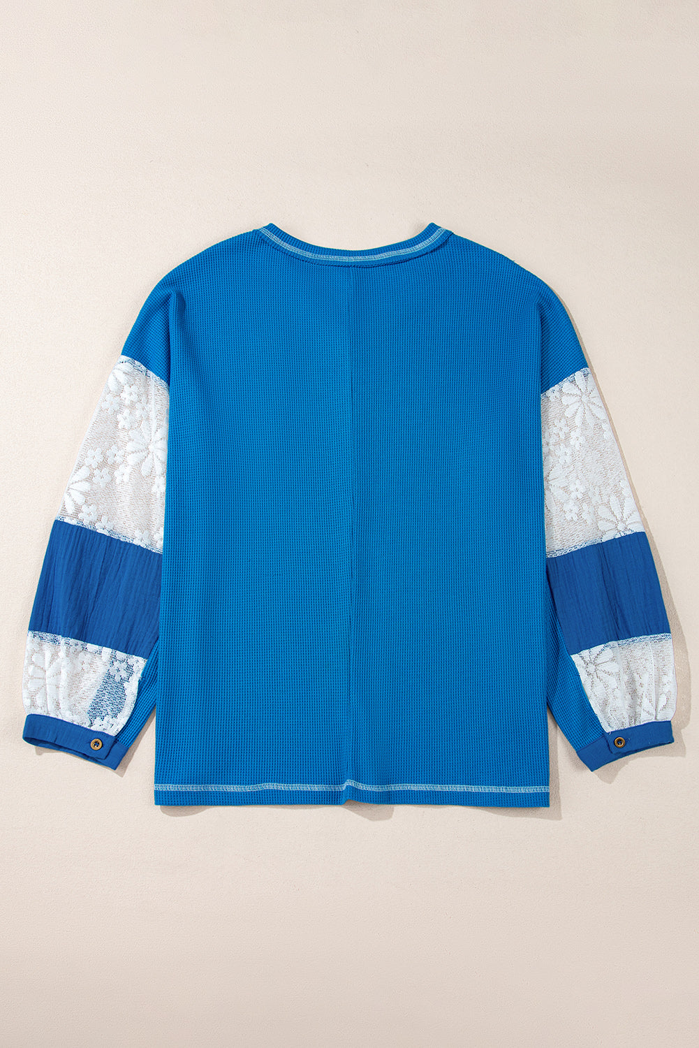 Sky Blue Lace Floral Patchwork Sleeve Stitching V Neck Rib Knit Blouse Aaria Tees