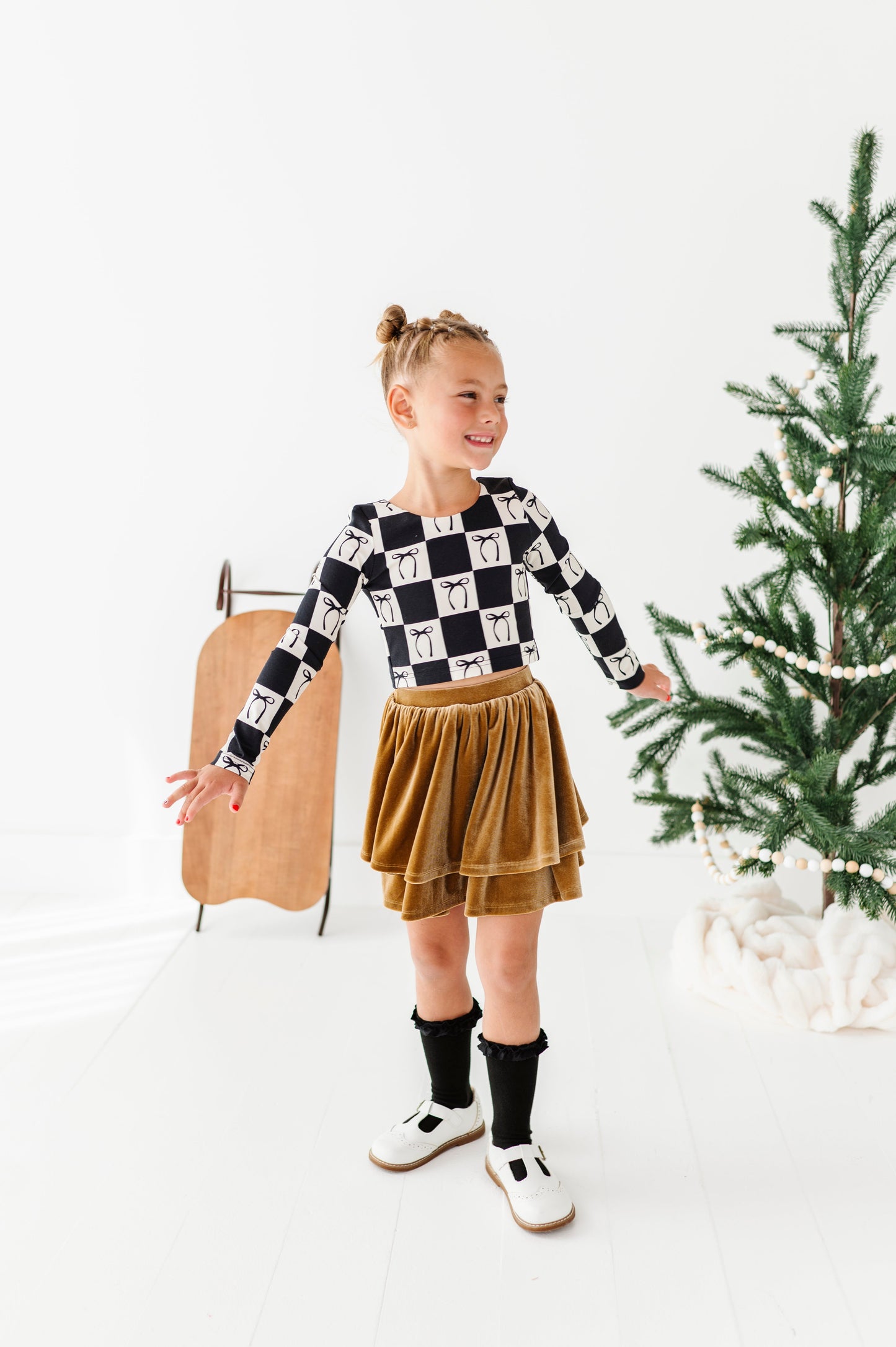 Checkered Bow | CROPPED Bow Back Long Sleeve Top