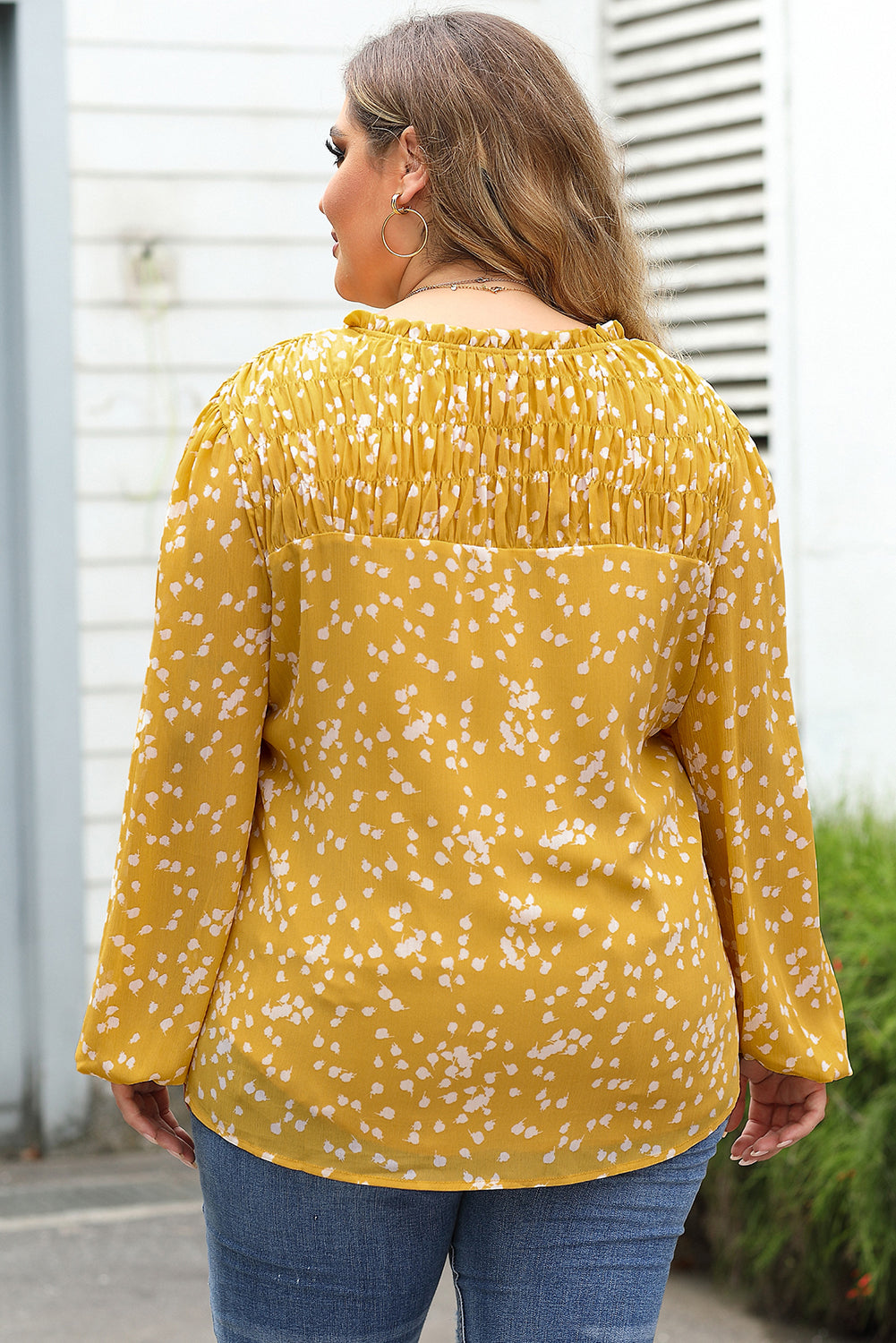 Black Plus Size Floral Print Ruched Split Neck Blouse Aaria Tees