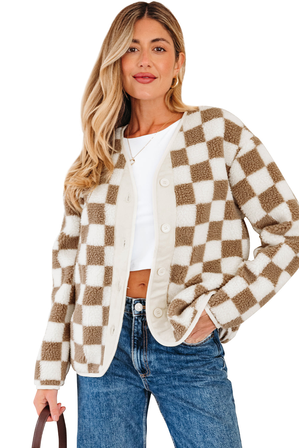 Brown Checkered Sherpa Buttoned Front Chunky Jacket