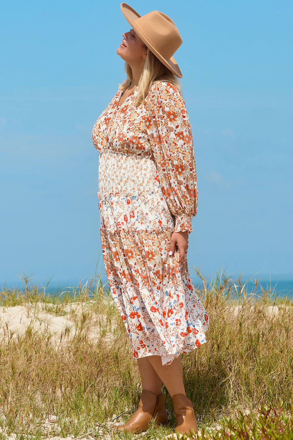 Khaki Plus Size Floral Tiered Ruffle Maxi Dress Aaria Tees Aaria Tees