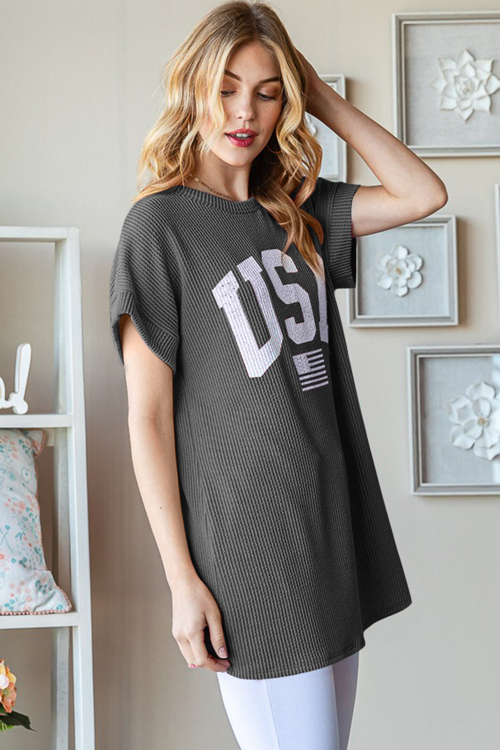 Heimish Full Size USA Graphic Short Sleeve Ribbed Top - Aaria Tees