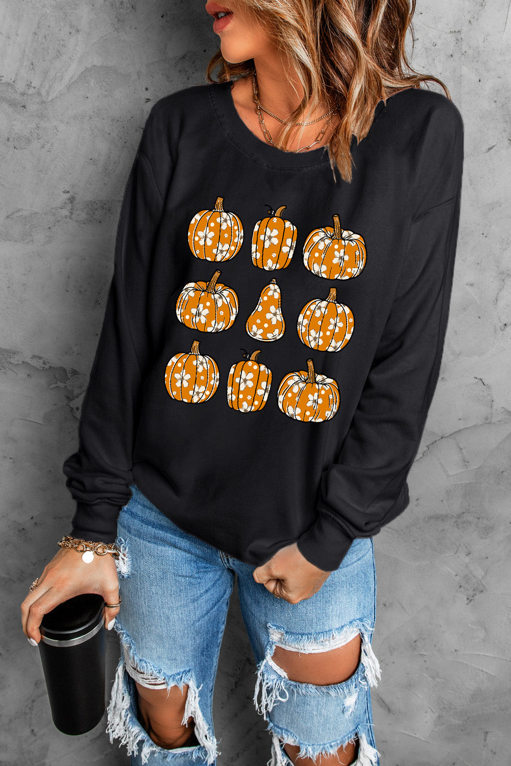 Pumpkin Round Neck Long Sleeve Sweatshirt - Aaria Tees Aaria Tees