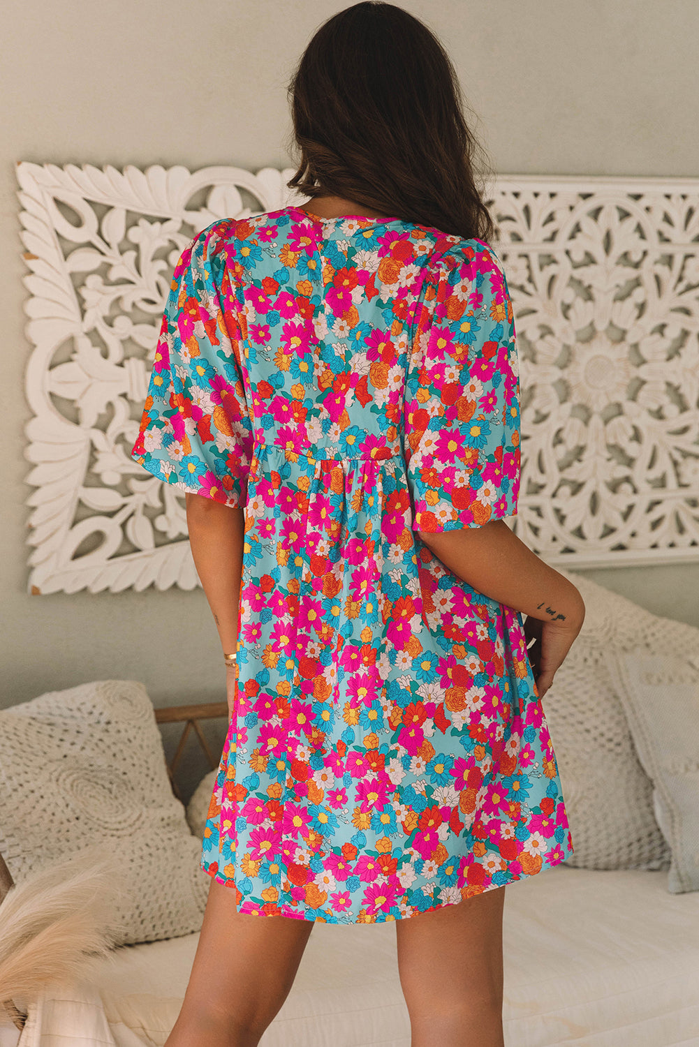 Sky Blue Floral Print Tie Split Neck Bubble Sleeve Babydoll Dress Aaria Tees