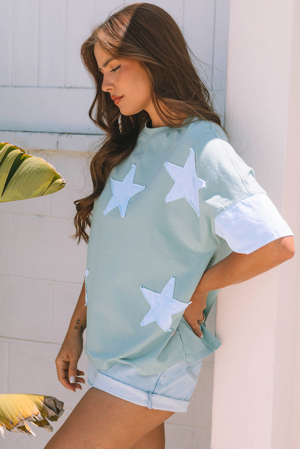 Aruba Blue Frayed Denim Star Patched Oversize T Shirt
