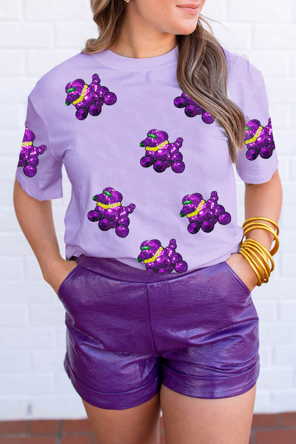 White Sequin Balloon Puppy Graphic Mardi Gras Tee - Aaria Tees