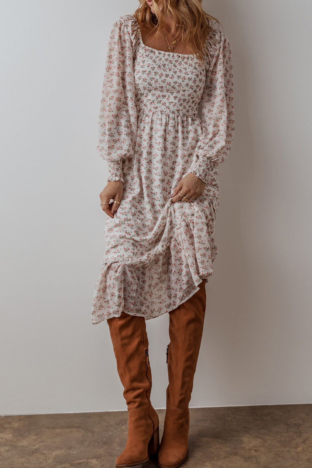 White Floral Print Shirred Ruffled Hem Square Neck Midi Dress Aaria Tees