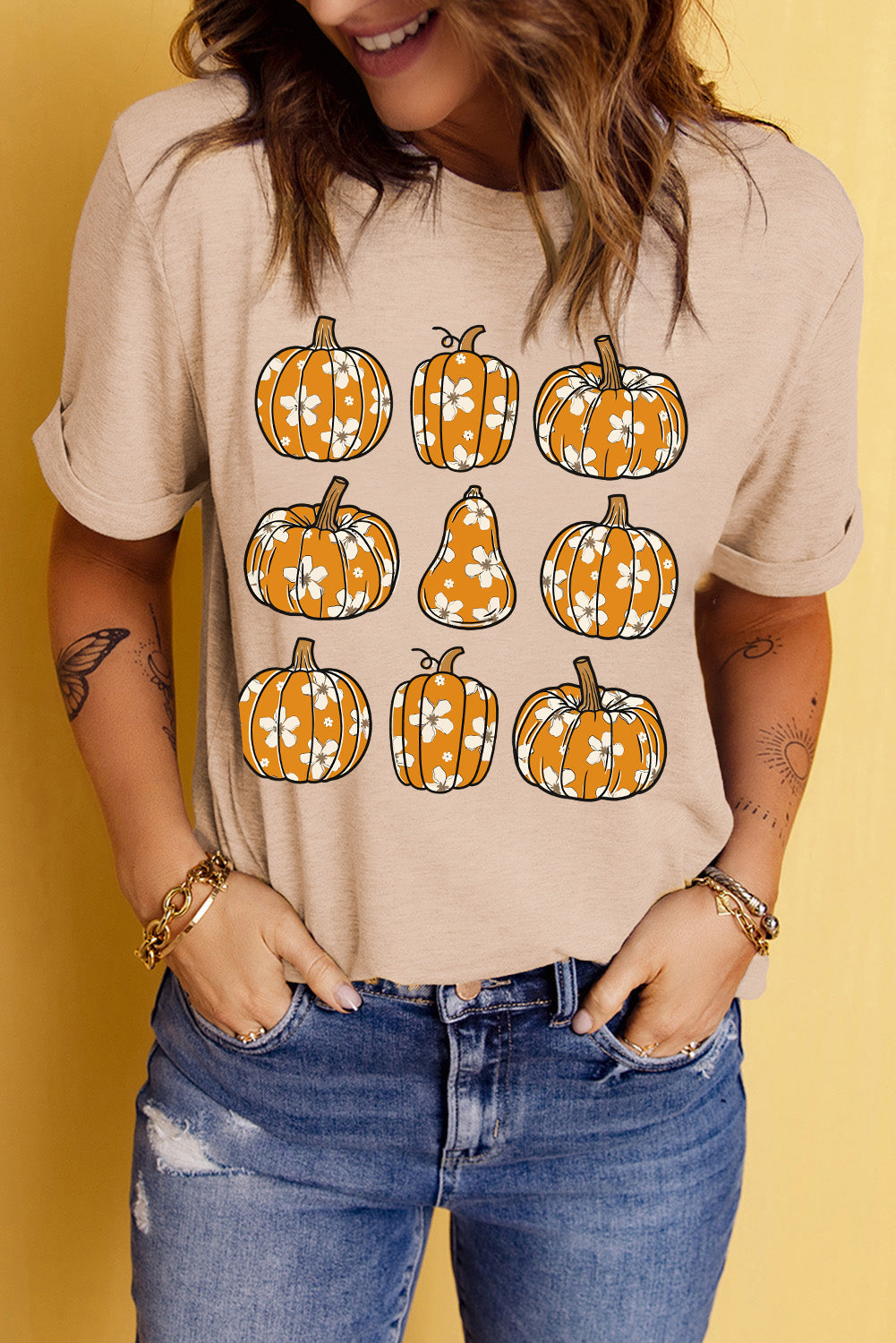 Khaki Floral Pumpkin Print Casual T Shirt