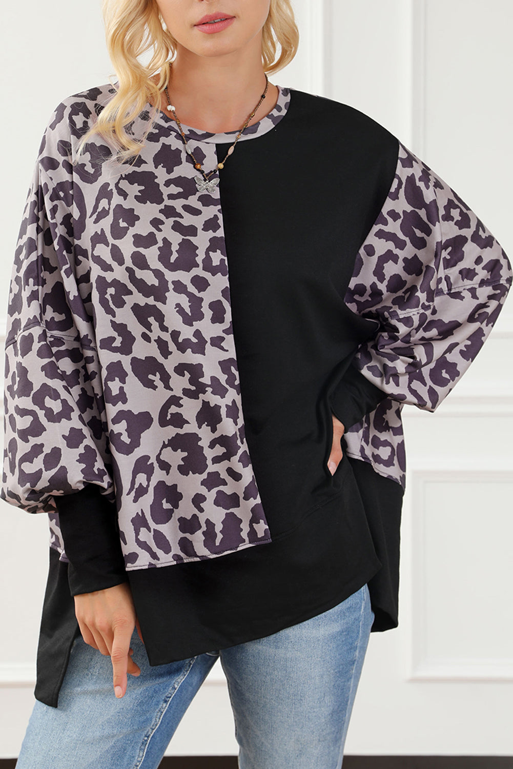 Black Leopard Patchwork Bishop Sleeve Slit Sweatshirt Aaria Tees