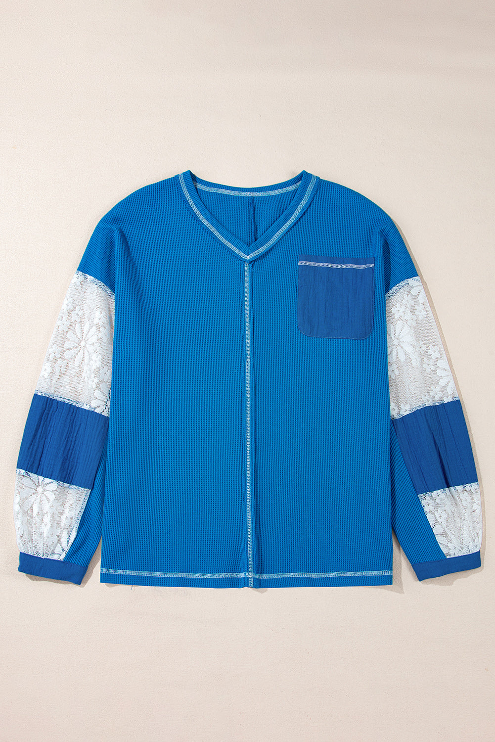 Sky Blue Lace Floral Patchwork Sleeve Stitching V Neck Rib Knit Blouse Aaria Tees