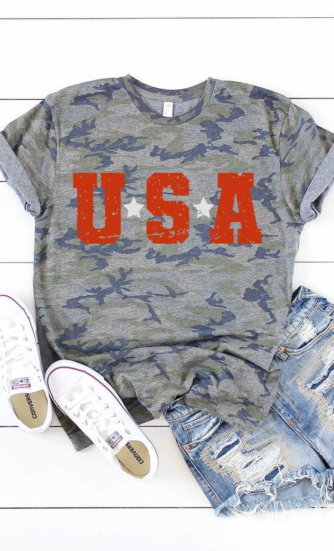 USA with Silver Stars Graphic Tee Camo - Aaria Tees