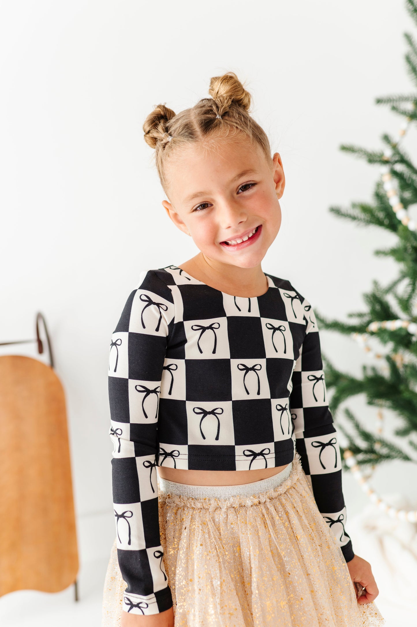 Checkered Bow | CROPPED Bow Back Long Sleeve Top