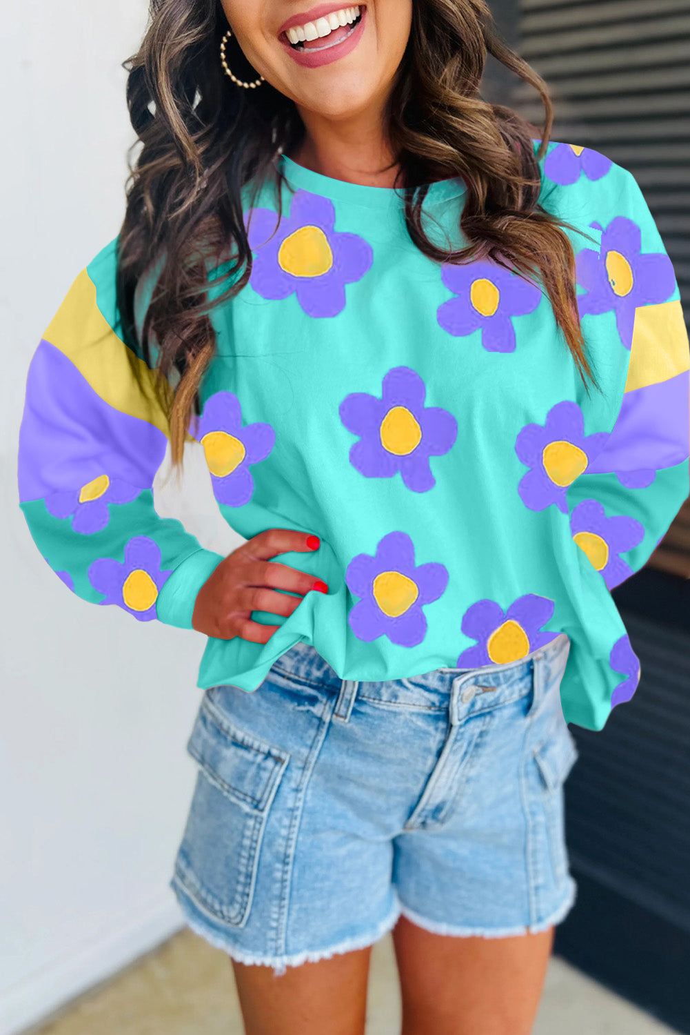 Sky Blue Floral Color Block Long Sleeve Loose Top Aaria Tees Aaria Tees