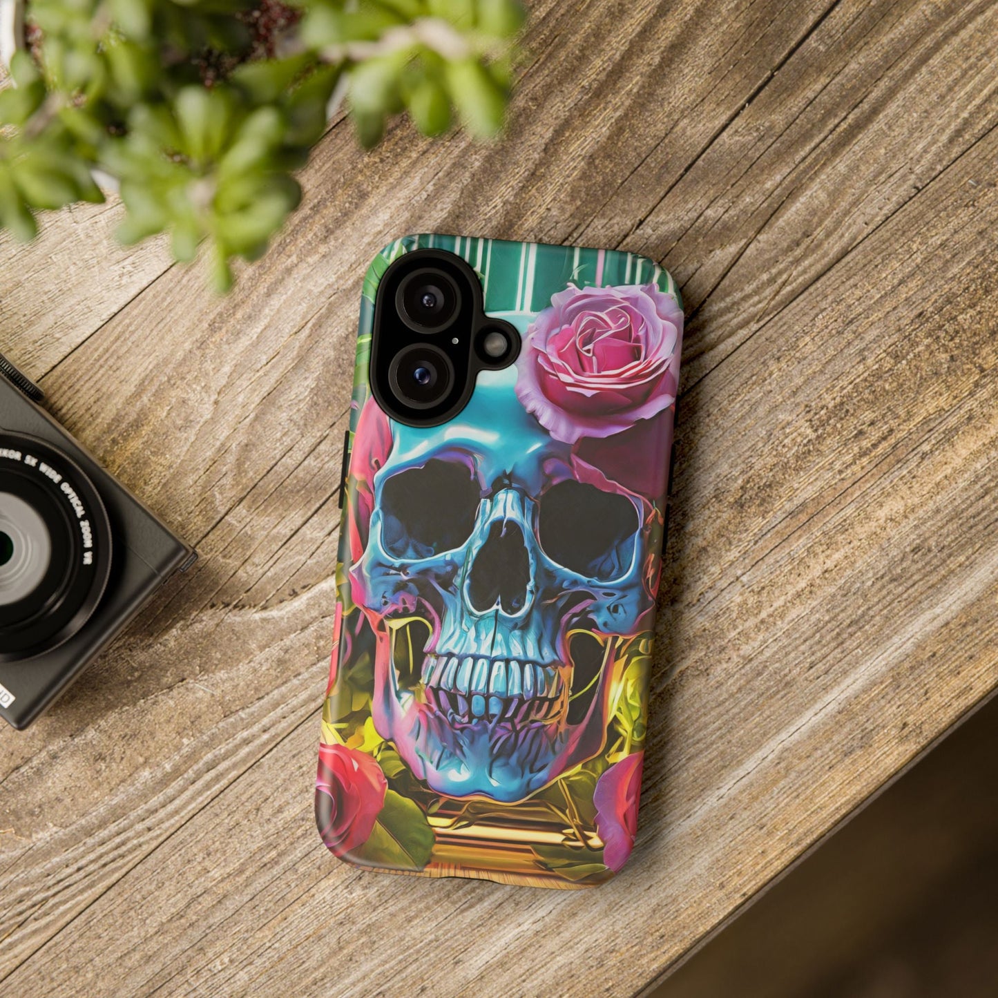 Neon Rose Skull Tough Phone Case