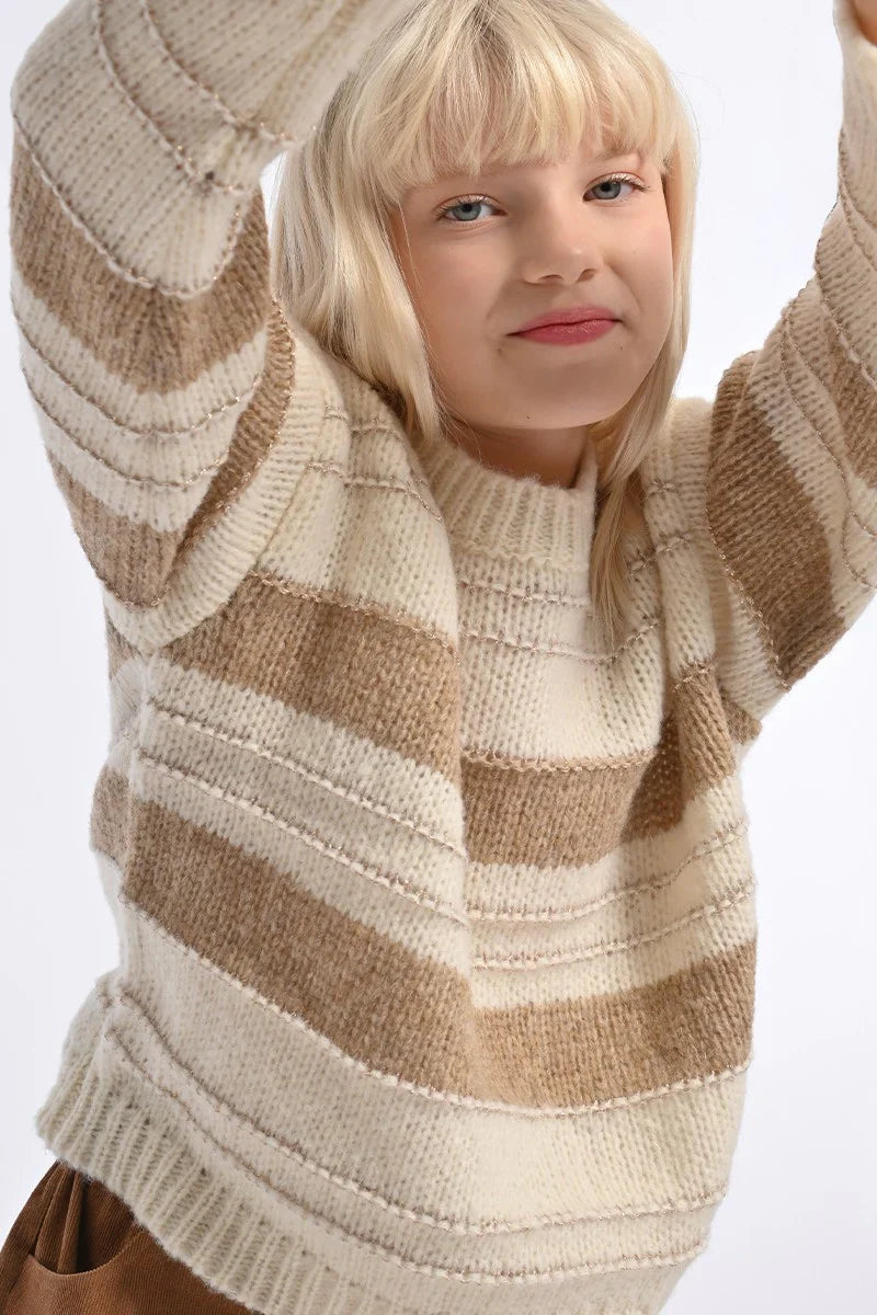 Off White & Beige Embossed Stripe Knitted Sweater