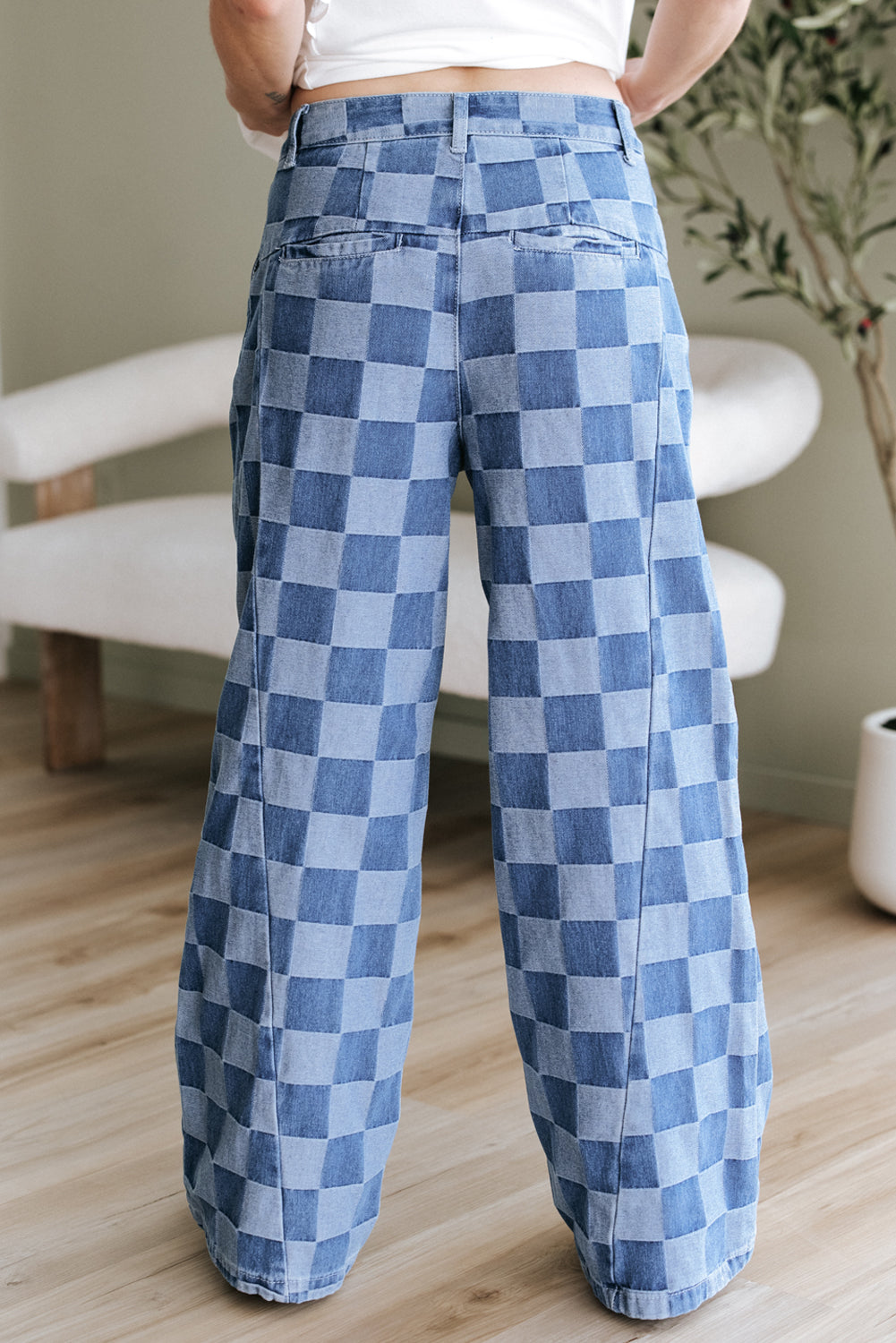 Dusk Blue Checkered Denim Wide Leg Jeans - Aaria Tees