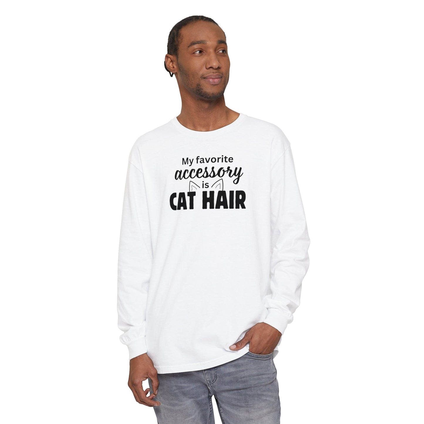 Cat Hair Accessorized Unisex Garment-dyed Long Sleeve T-Shirt