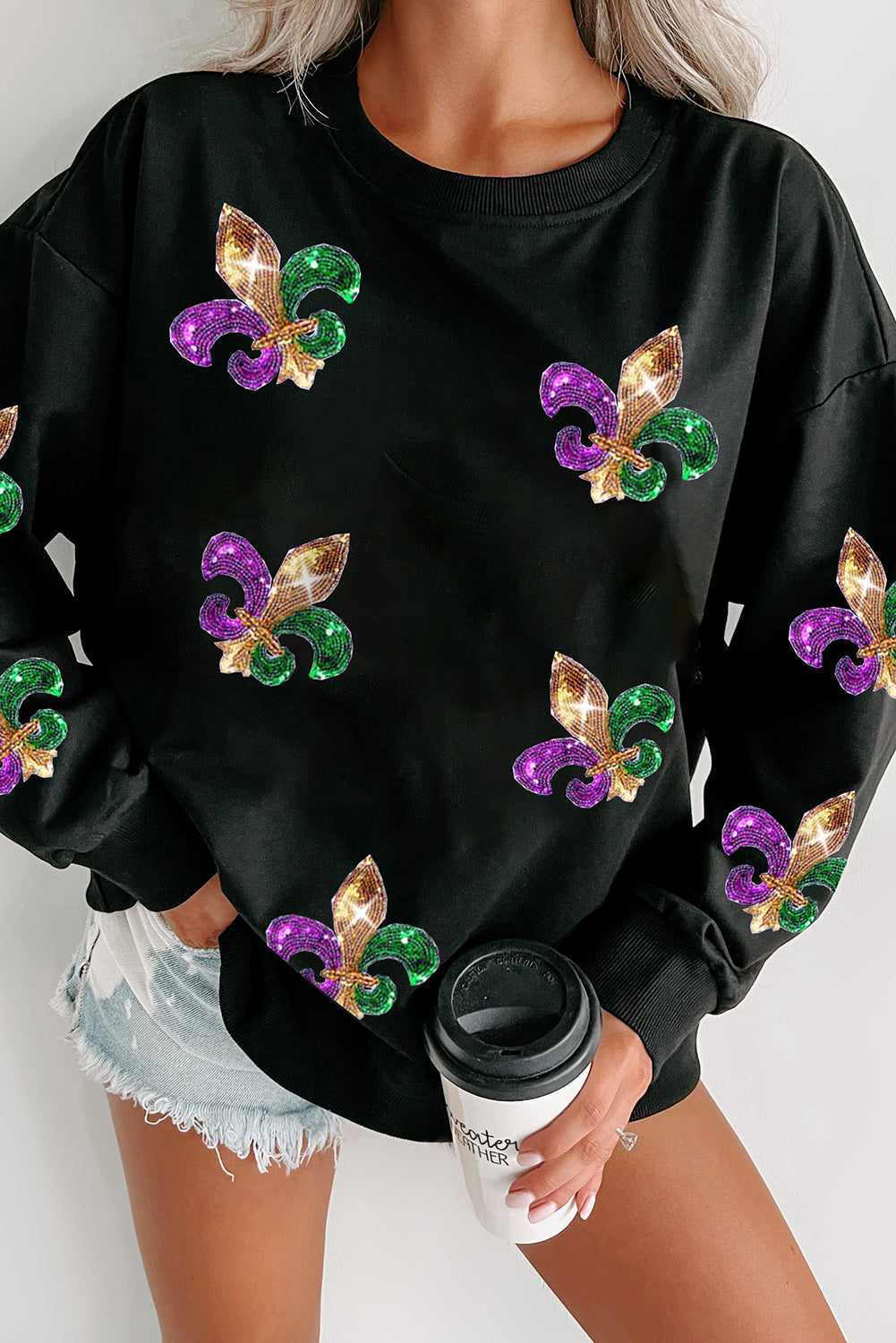 Khaki Sequin Mardi Gras Graphic Pullover Sweatshirt