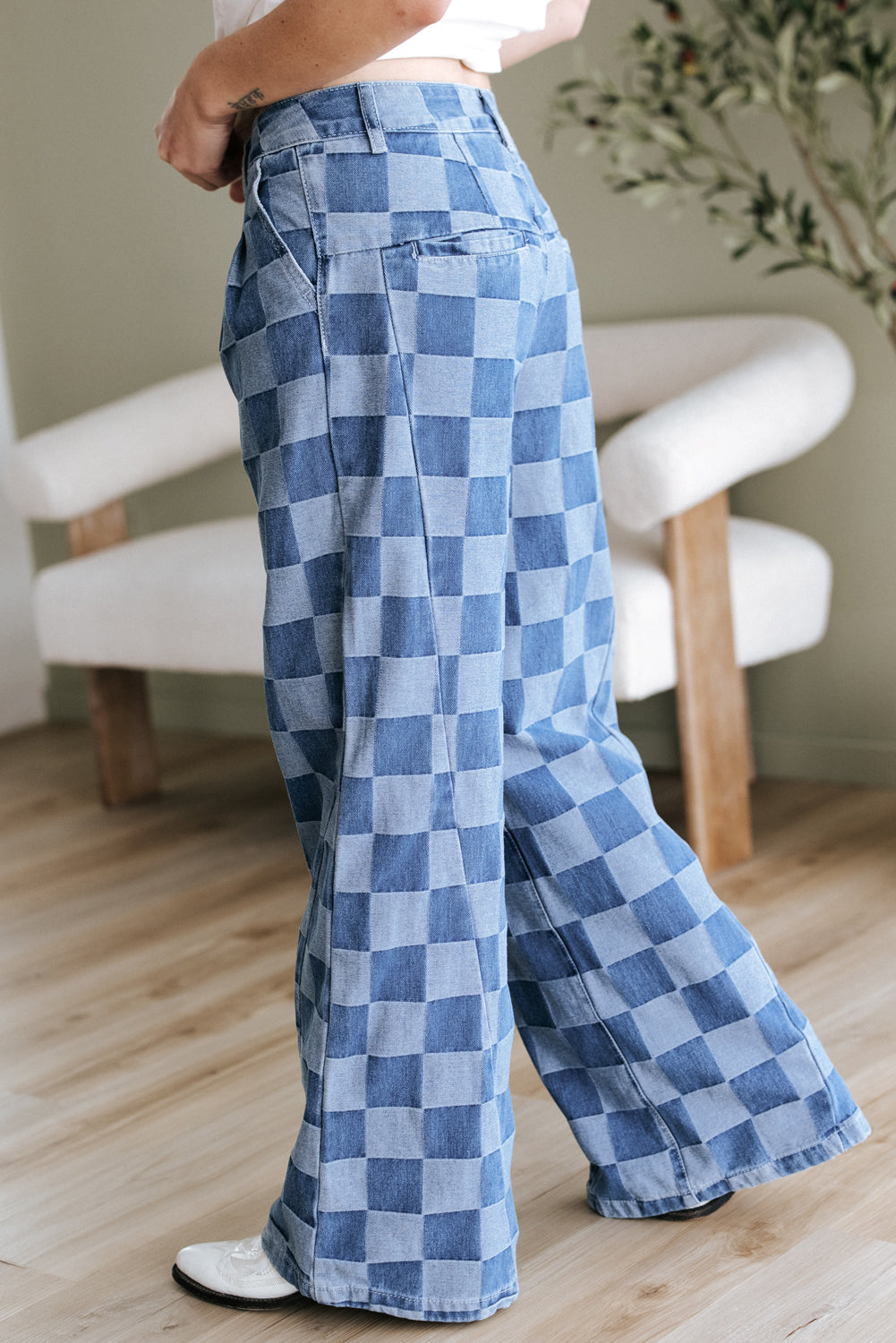 Dusk Blue Checkered Denim Wide Leg Jeans - Aaria Tees