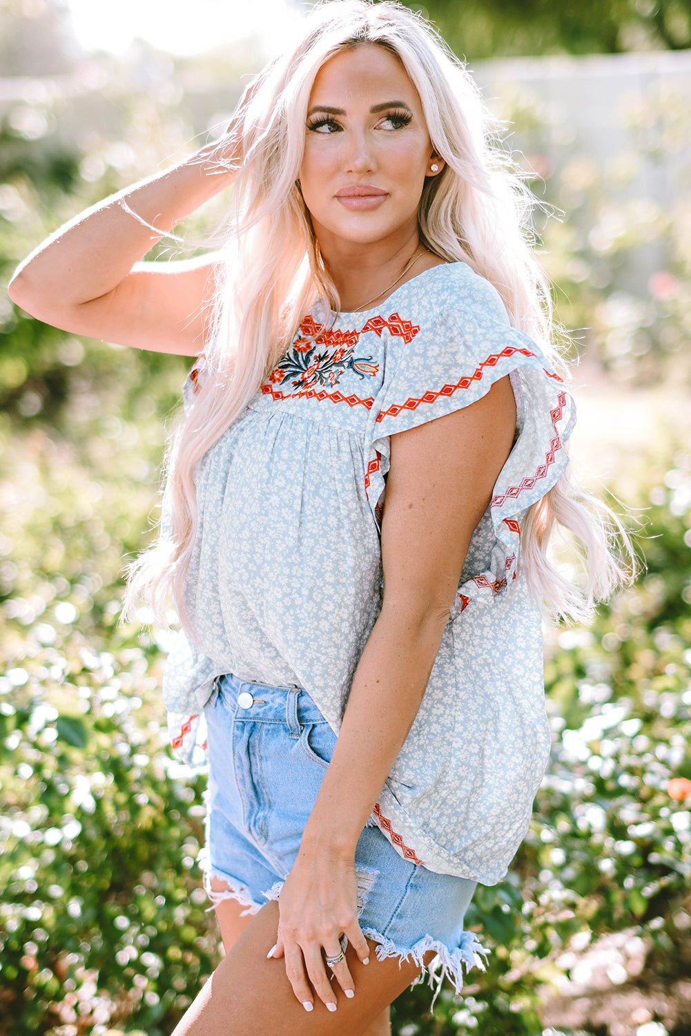 Angie Boho Embroidered Floral Print Flutter Sleeve Blouse Threaded Pear