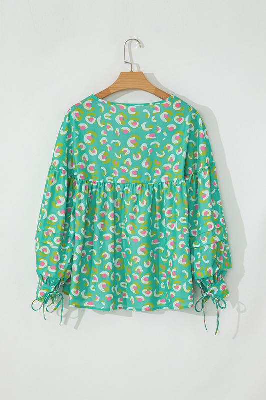 Printed Lace-up Lantern Sleeve Babydoll Blouse YNIQUE Aaria Tees