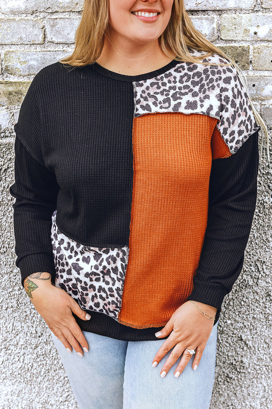 Black Orange Colorblock Leopard Patchwork Waffle Knit Plus Size Top Aaria Tees
