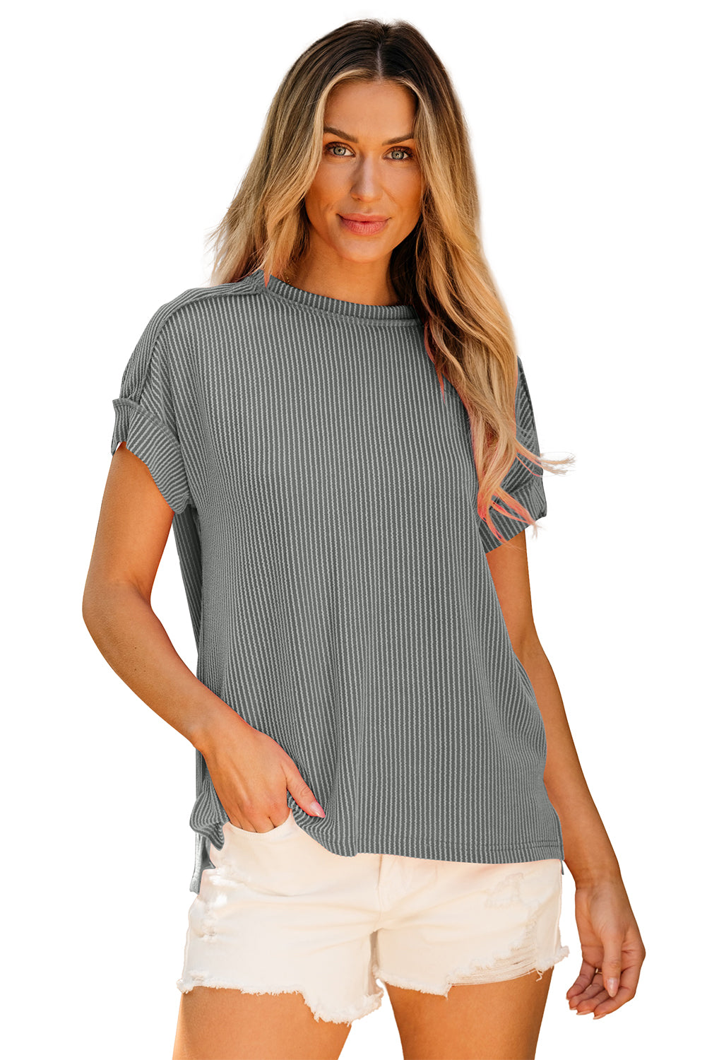 White Textured Knit Exposed Stitching T-shirt