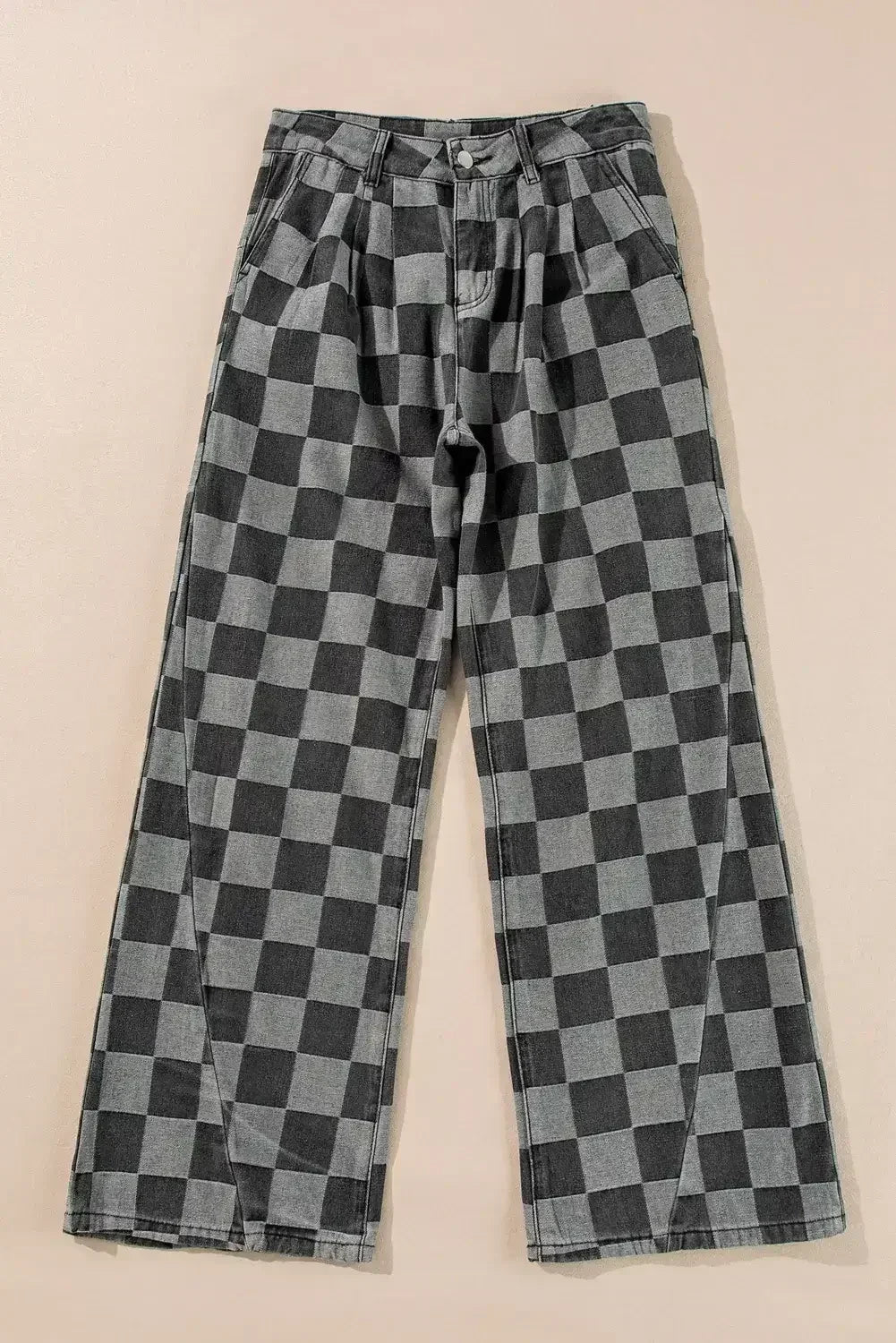 Dusk Blue Checkered Light Washed Wide Leg Jeans