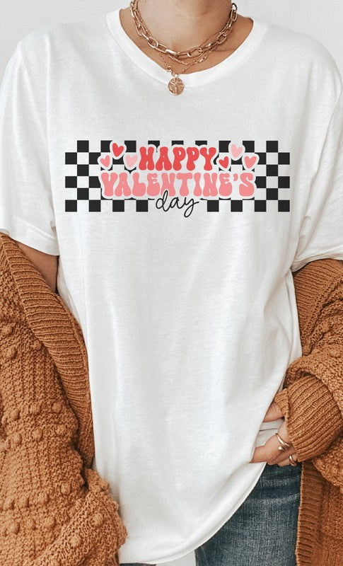 Happy Valentines Day Checkered Graphic Tee - Aaria Tees